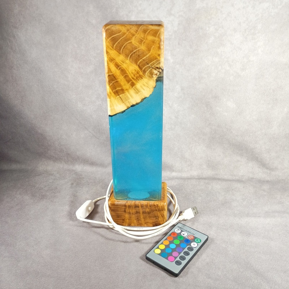 Live Edge Wood & Blue Resin LED Multicolor Accent Ambient Night Light 11.5"